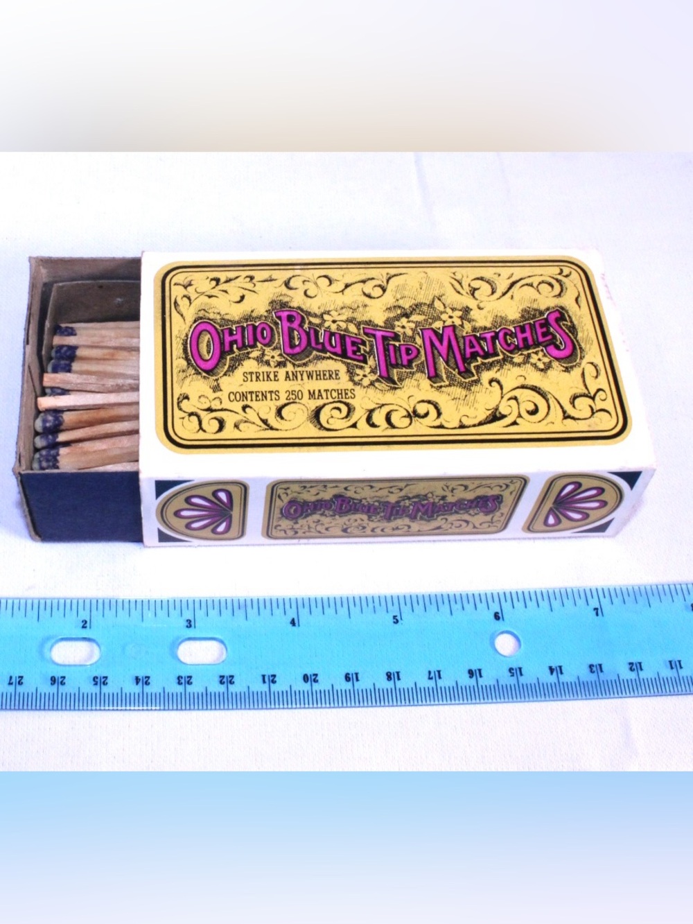 Vintage 1970 Ohio Blue Tip Matches yellow labeled box edition